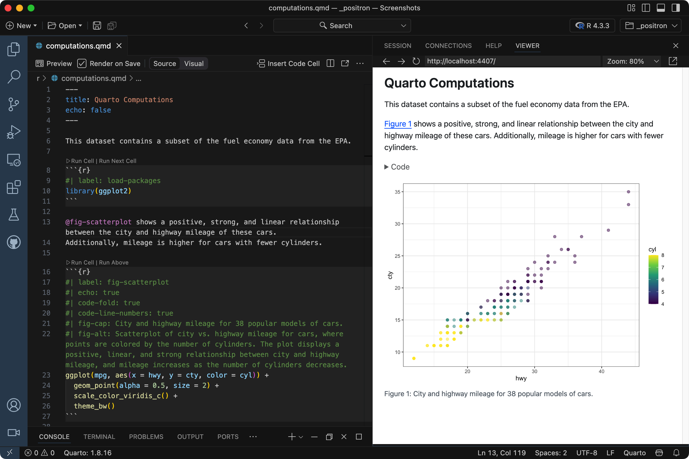 Positron with `computations.qmd` open. On the right is the Editor. Compared to earlier images on the page, the code cell shows the added fig-cap and fig-alt options. On the right is the rendered version of the document. Below the figure is a caption.